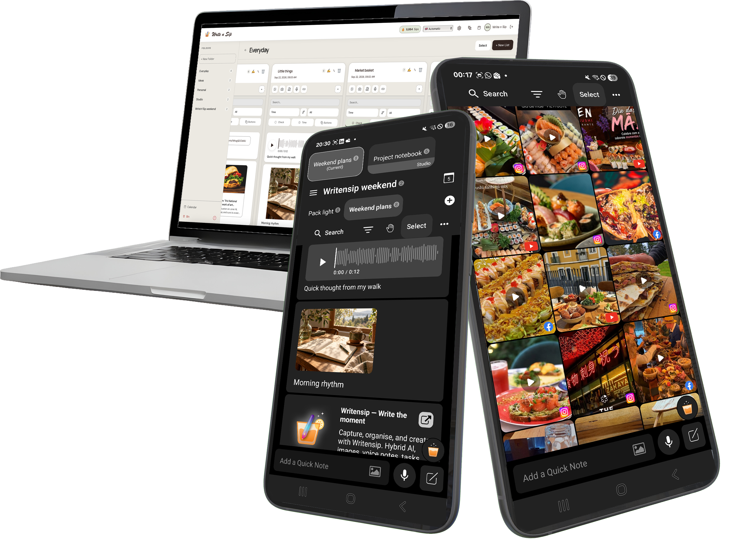 Writensip on a laptop and two Android phones, showing organised notes and saved recipes
